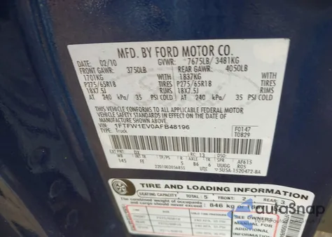 2010 Ford F-150 Fx4/Harley-Davidson/King Ranch/Lariat/Platinum/Xl/Xlt z USA, uszkodzony, nr VIN 1FTFW1EV0AFB48196